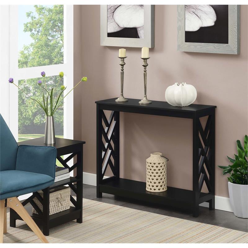 Pemberly Row Titan Console Table with Shelf in Black Wood Finish