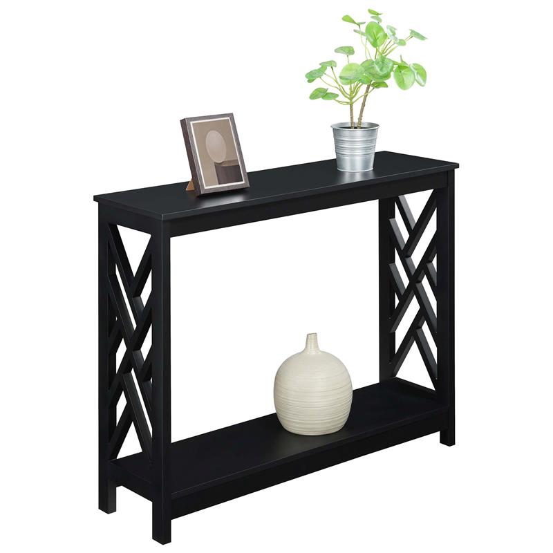 Pemberly Row Titan Console Table with Shelf in Black Wood Finish