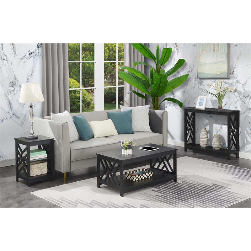 Pemberly Row Titan Console Table with Shelf in Black Wood Finish