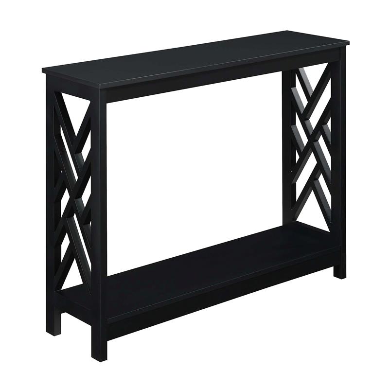 Pemberly Row Titan Console Table with Shelf in Black Wood Finish