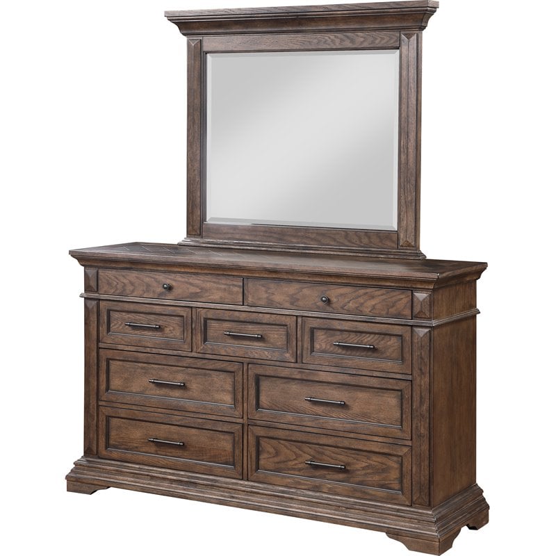 Pemberly Row Solid Wood Dresser with Mirror in Brushed Walnut