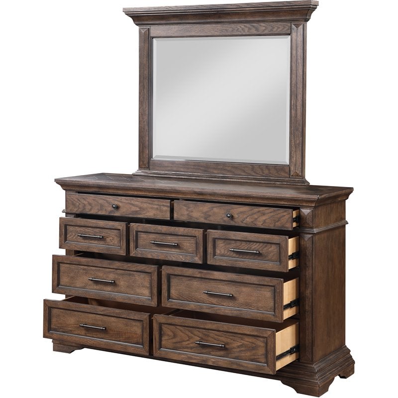 Pemberly Row Solid Wood Dresser with Mirror in Brushed Walnut