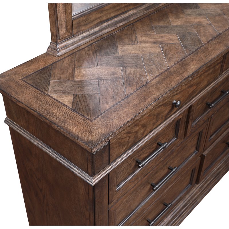 Pemberly Row Solid Wood Dresser with Mirror in Brushed Walnut