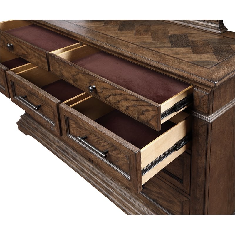 Pemberly Row Solid Wood Dresser with Mirror in Brushed Walnut