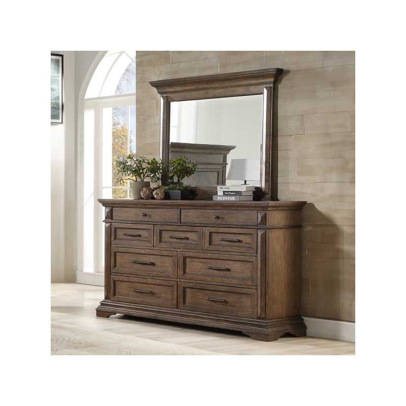 Pemberly Row Solid Wood Dresser with Mirror in Brushed Walnut