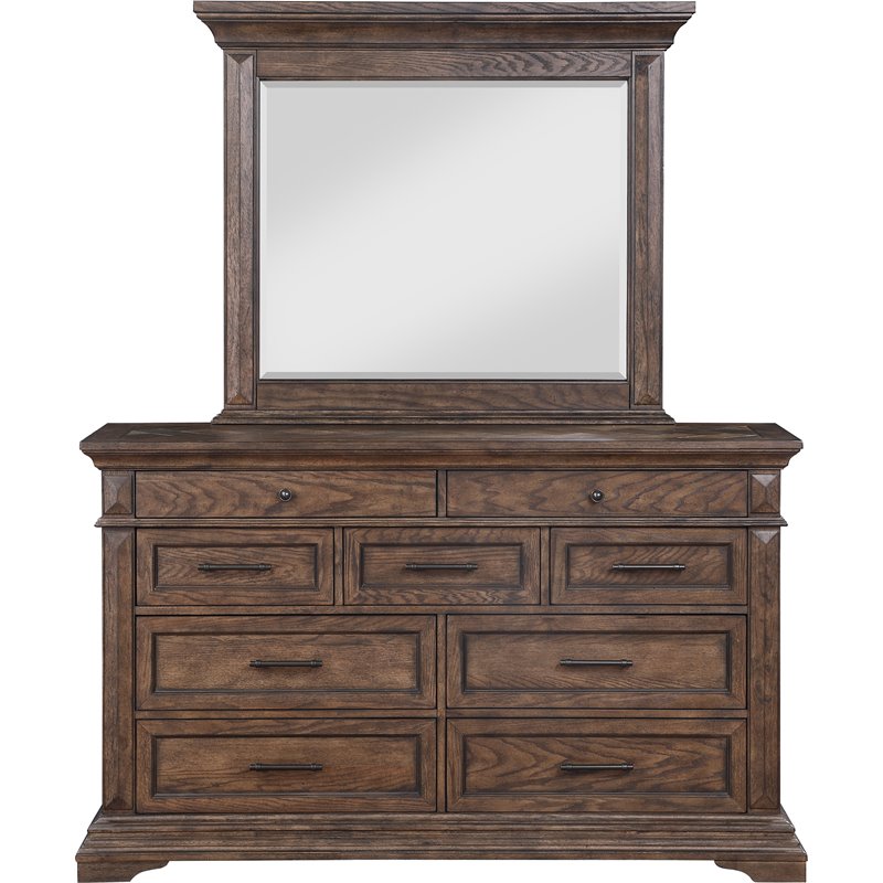 Pemberly Row Solid Wood Dresser with Mirror in Brushed Walnut
