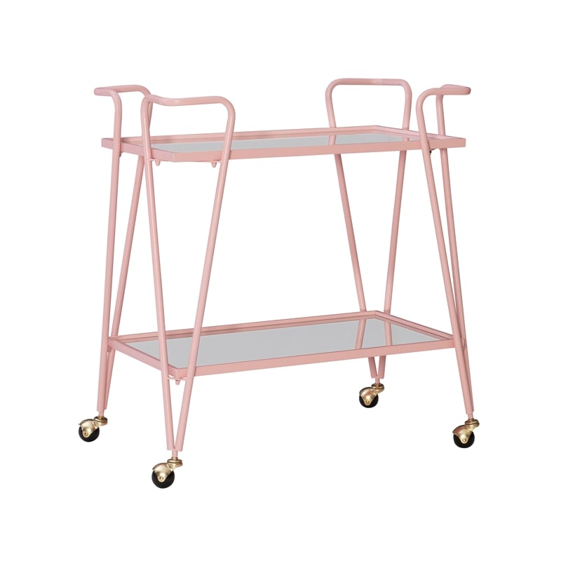 Pemberly Row Metal and Mirrored 2-Level Rolling Bar Cart in Pink