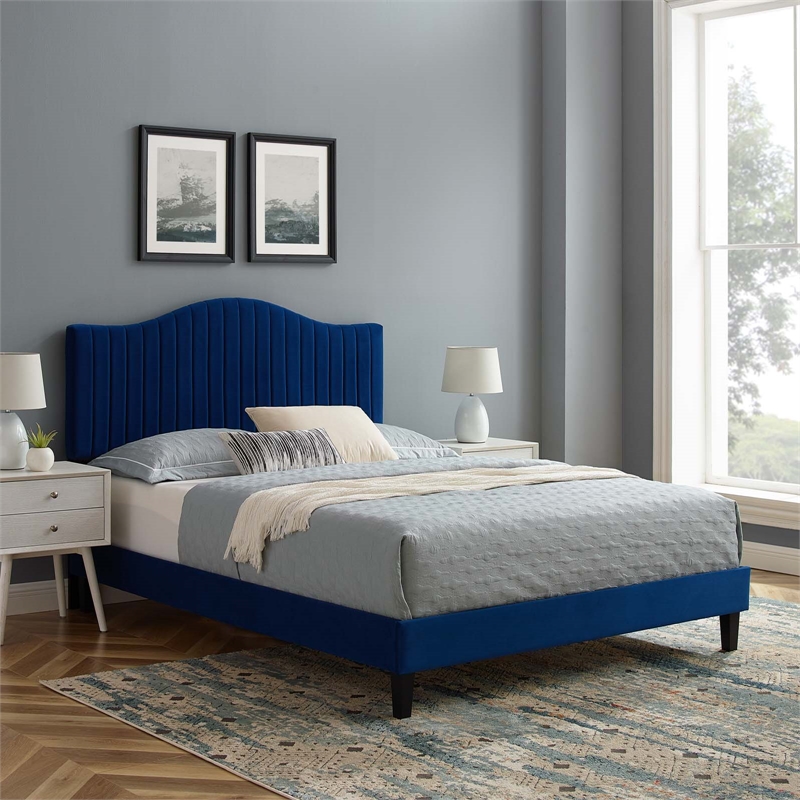 Pemberly Row Channel Tufted Velvet King Platform Bed in Navy