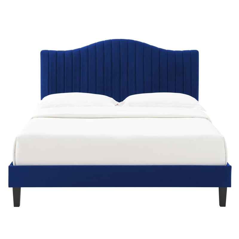 Pemberly Row Channel Tufted Velvet King Platform Bed in Navy