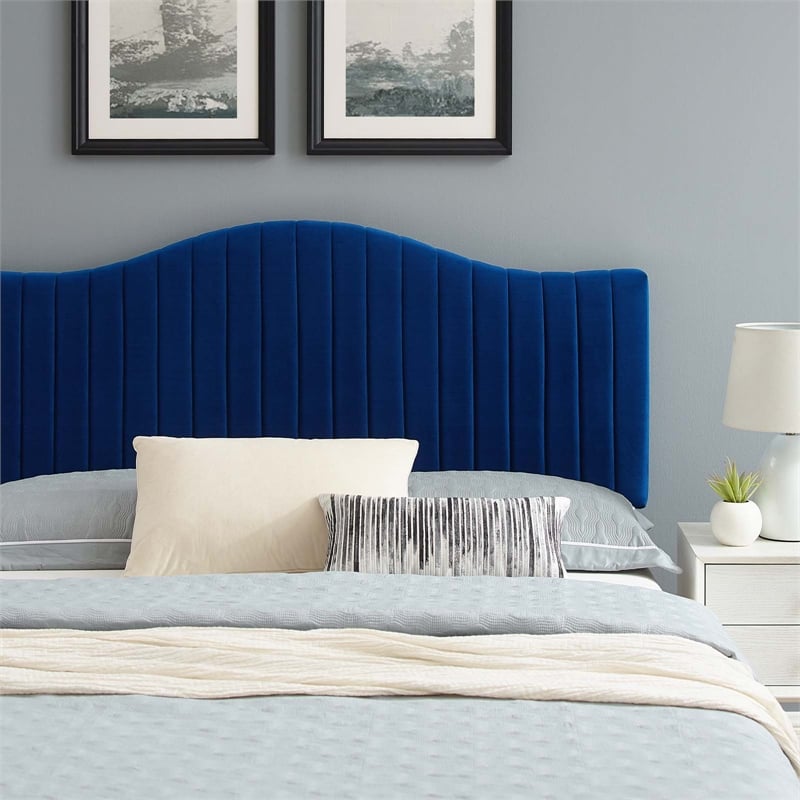 Pemberly Row Channel Tufted Velvet King Platform Bed in Navy