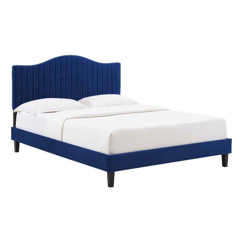Pemberly Row Channel Tufted Velvet King Platform Bed in Navy