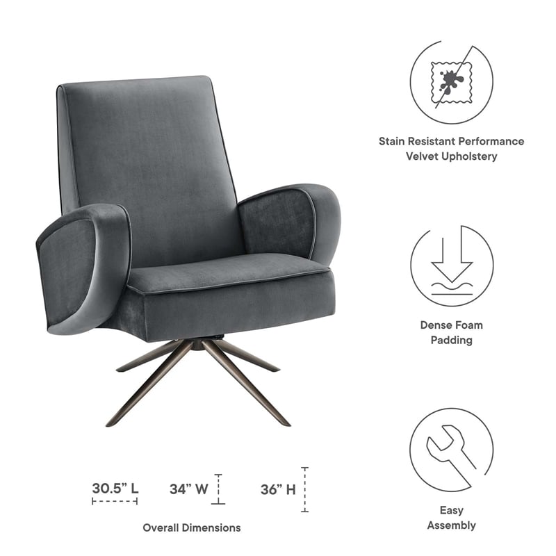 Pemberly Row Modern Performance Velvet Swivel Chair in Gray