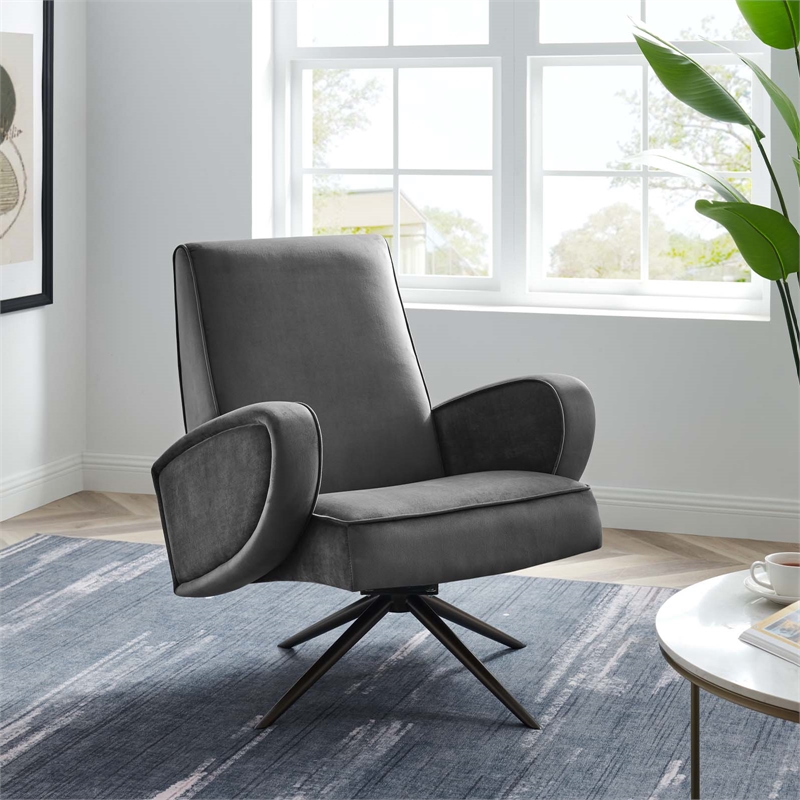 Pemberly Row Modern Performance Velvet Swivel Chair in Gray