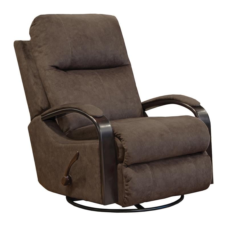 Pemberly Row Swivel Glider Recliner with Wooden Arms in Chocolate Fabric
