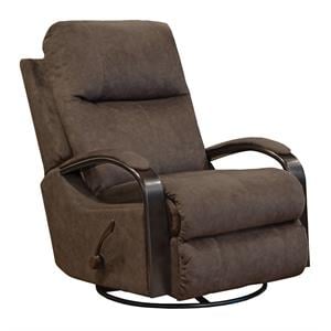 Pemberly Row Swivel Glider Recliner with Wooden Arms in Chocolate Fabric