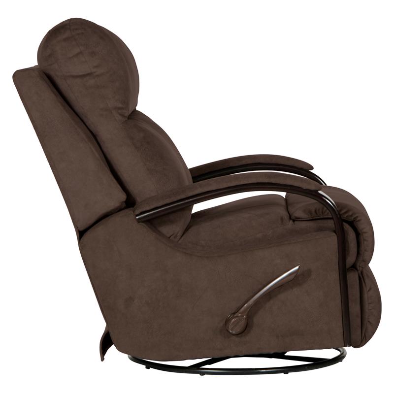 Pemberly Row Swivel Glider Recliner with Wooden Arms in Chocolate Fabric