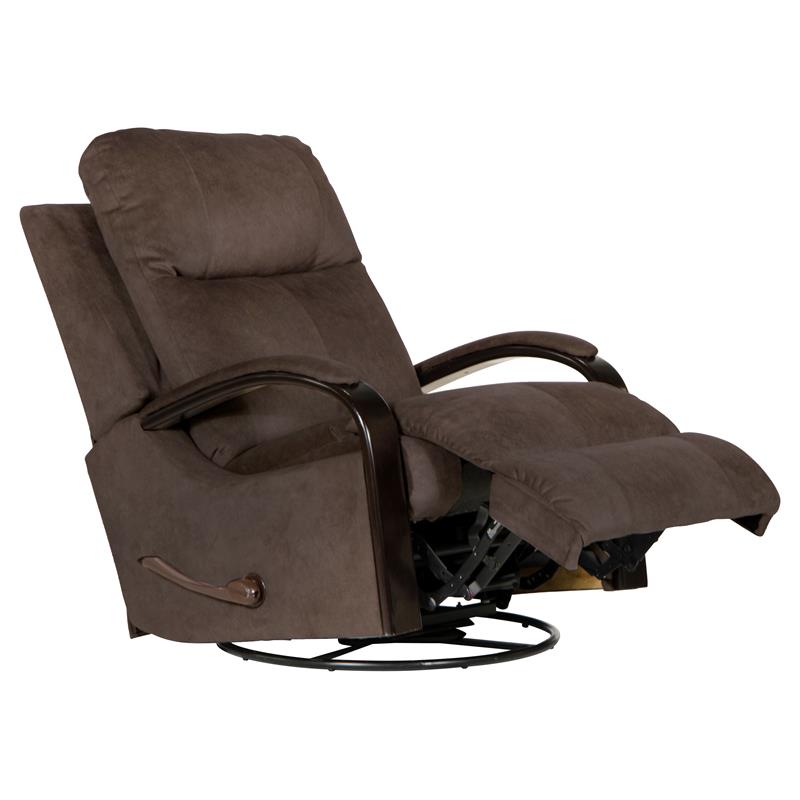 Pemberly Row Swivel Glider Recliner with Wooden Arms in Chocolate Fabric