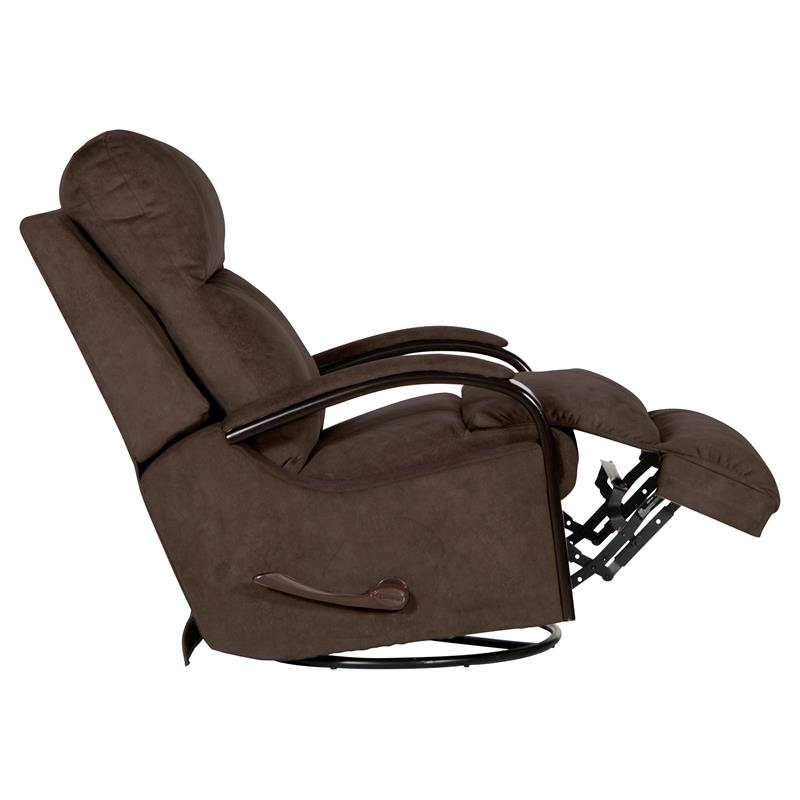 Pemberly Row Swivel Glider Recliner with Wooden Arms in Chocolate Fabric