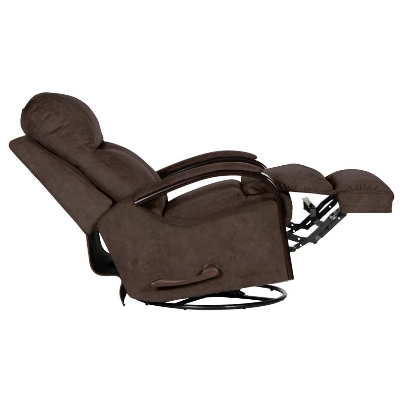 Pemberly Row Swivel Glider Recliner with Wooden Arms in Chocolate Fabric