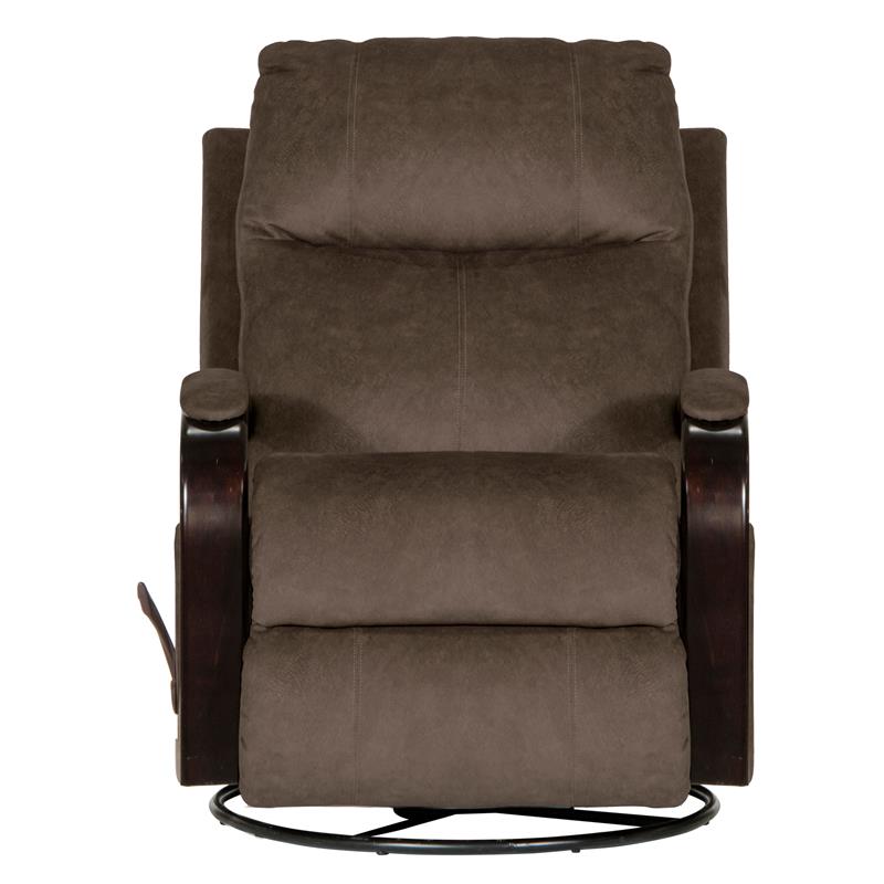 Pemberly Row Swivel Glider Recliner with Wooden Arms in Chocolate Fabric
