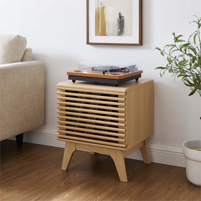 Pemberly Row Vinyl Record Display Stand with Hinged Door in Oak