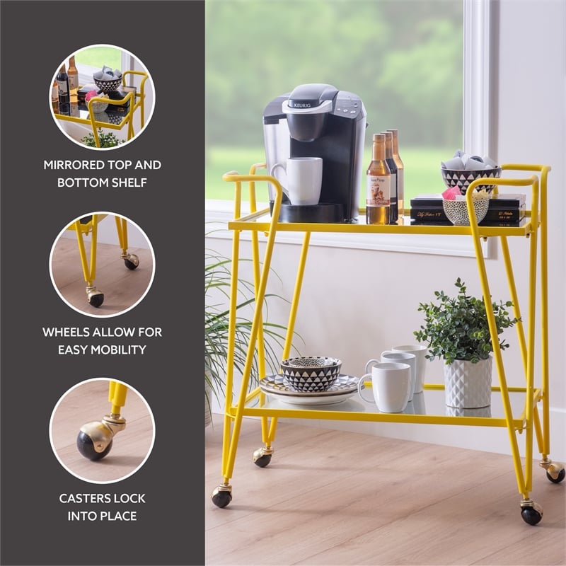 Pemberly Row Metal Rolling Bar Cart with Mirrored Shelves in Yellow