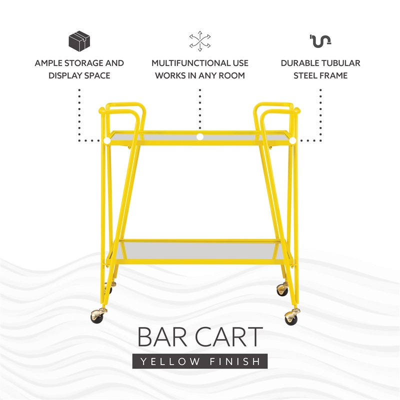 Pemberly Row Metal Rolling Bar Cart with Mirrored Shelves in Yellow