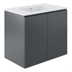 Pemberly Row 30&quot Modern Wall-Mount Ceramic Vanity w/ Storage in Gray/White