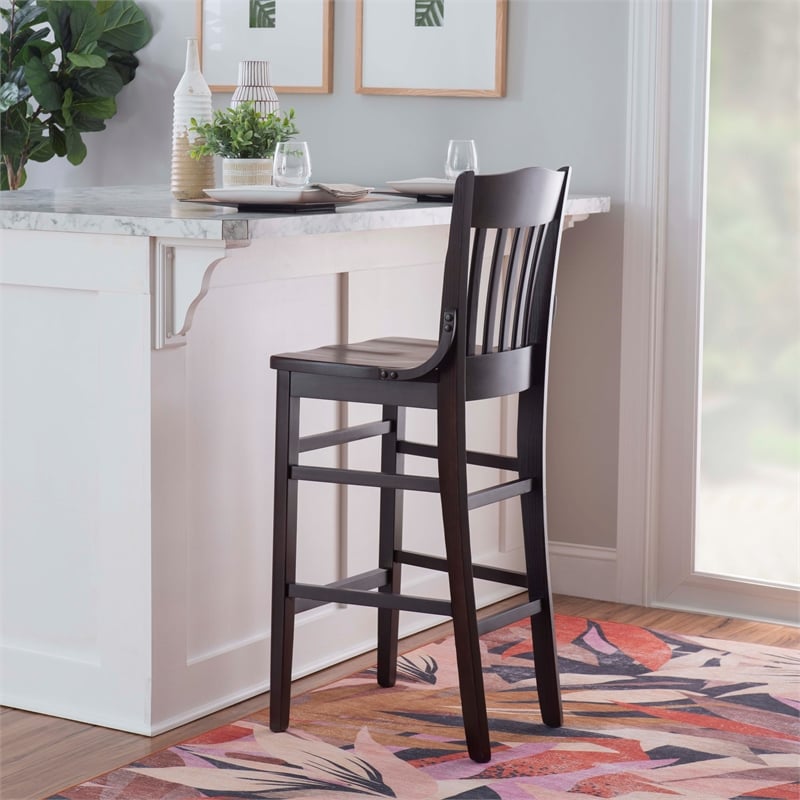 Pemberly Row Set of 2 Slat Back Wood Bar Stools in Dark Brown Finish