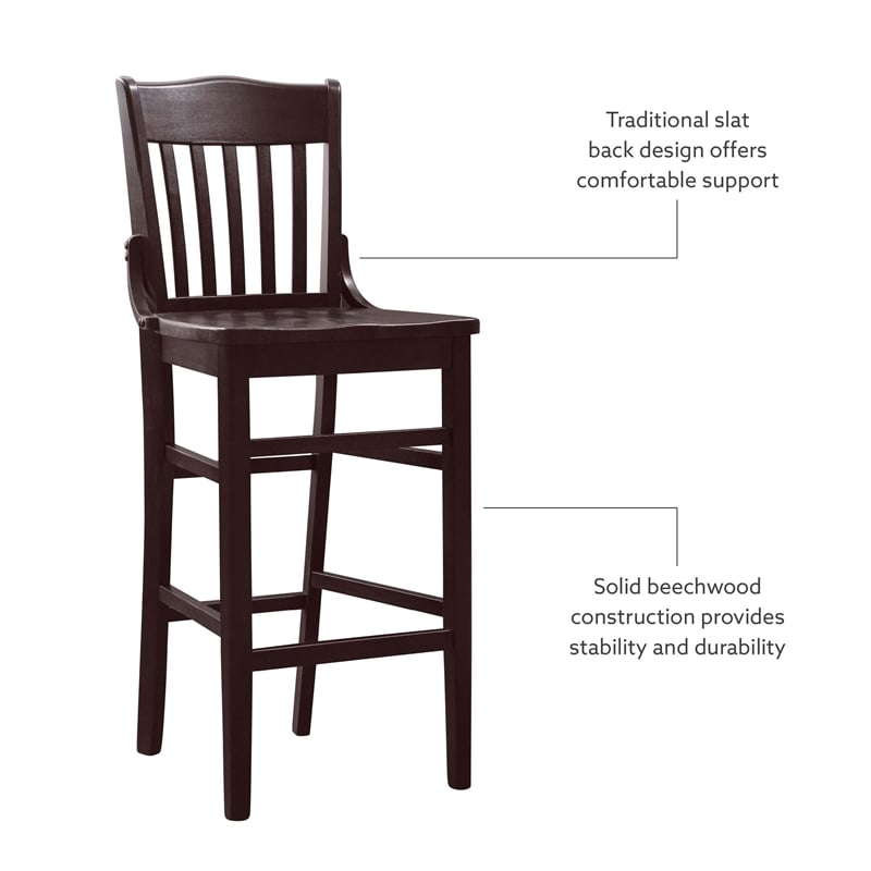 Pemberly Row Set of 2 Slat Back Wood Bar Stools in Dark Brown Finish