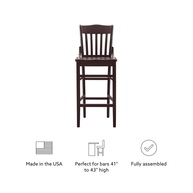 Pemberly Row Set of 2 Slat Back Wood Bar Stools in Dark Brown Finish