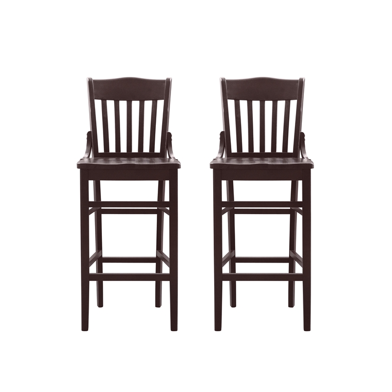 Pemberly Row Set of 2 Slat Back Wood Bar Stools in Dark Brown Finish