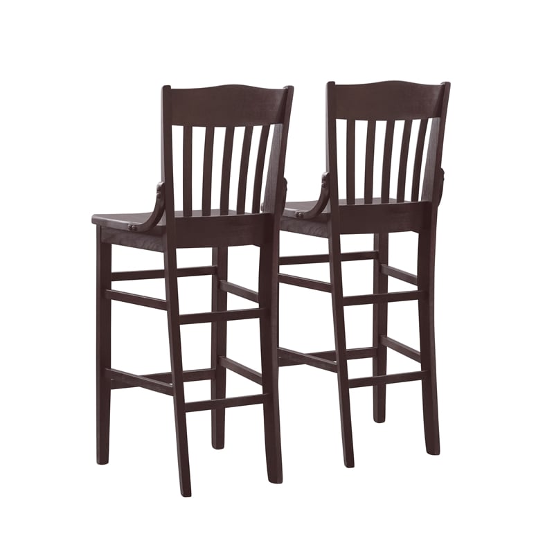 Pemberly Row Set of 2 Slat Back Wood Bar Stools in Dark Brown Finish