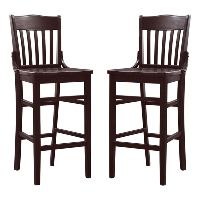 Pemberly Row Set of 2 Slat Back Wood Bar Stools in Dark Brown Finish