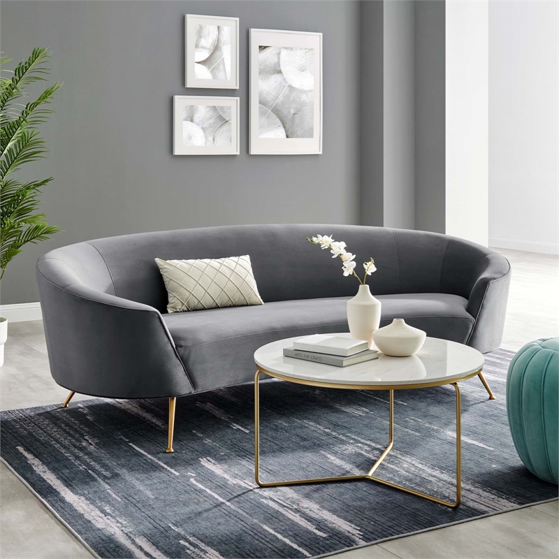 Pemberly Row Curved Velvet Sofa in Gray with Gold Legs