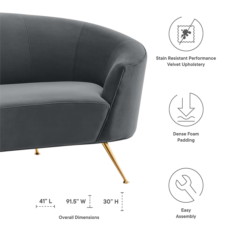 Pemberly Row Curved Velvet Sofa in Gray with Gold Legs