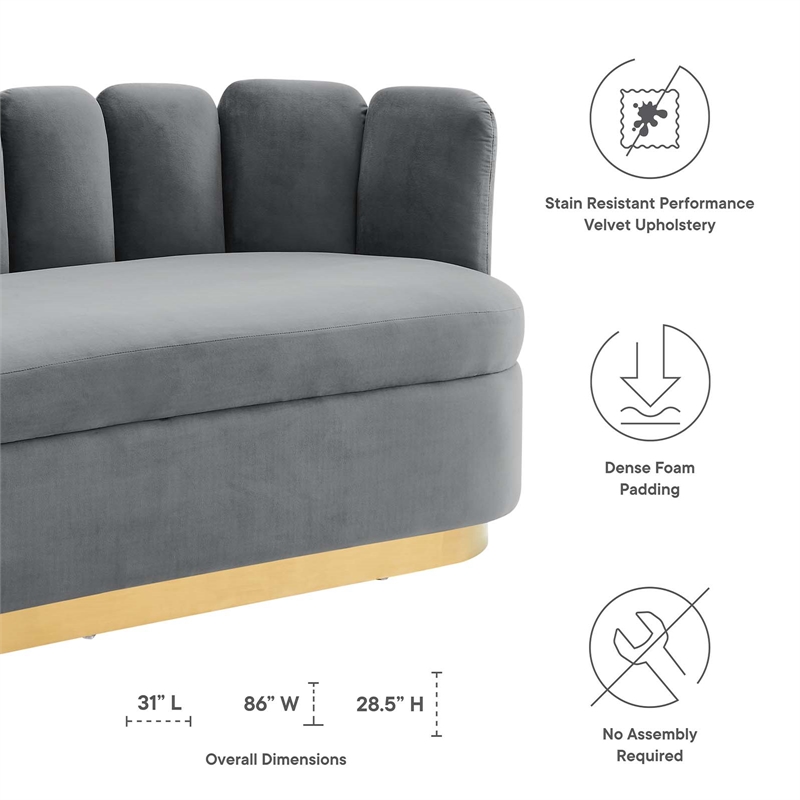 Pemberly Row Tufted Performance Velvet Sofa in Gray with Gold Rim