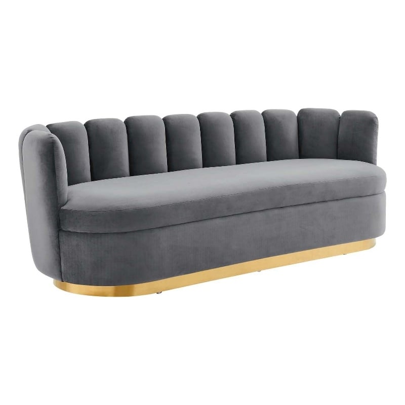 Pemberly Row Tufted Performance Velvet Sofa in Gray with Gold Rim