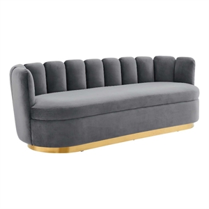 Pemberly Row Tufted Performance Velvet Sofa in Gray with Gold Rim