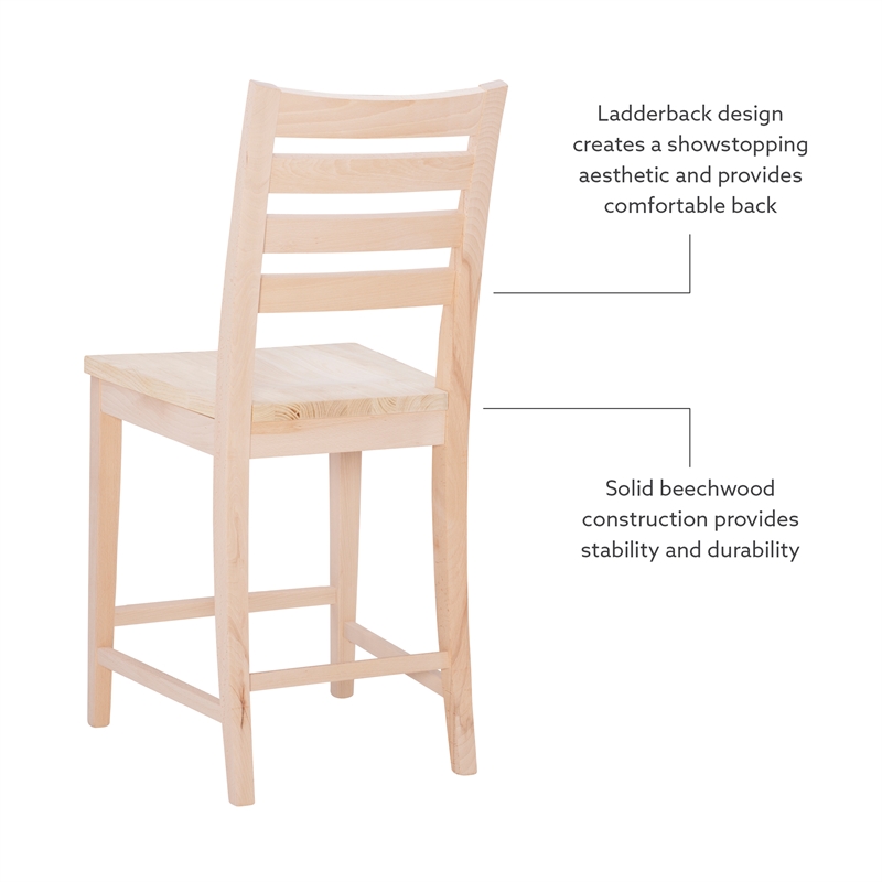Pemberly Row Set of 2 Ladderback Counter Stools in Unfinished Beechwood