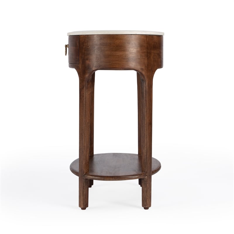 Pemberly Row Oval Marble Nightstand with Wooden Frame in Brown