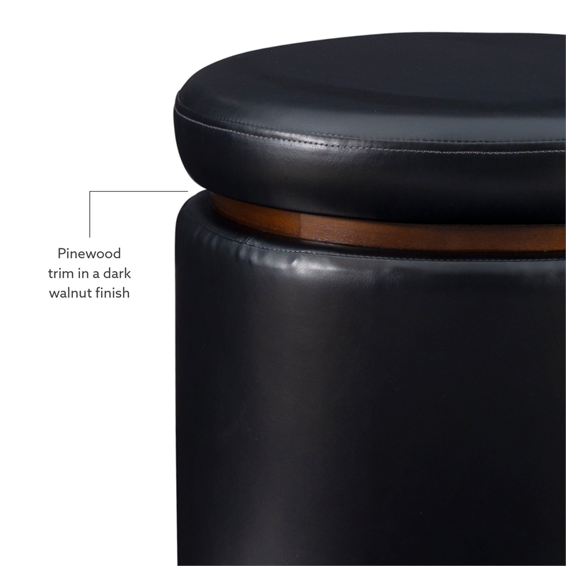 Pemberly Row Round Storage Ottoman in Black Faux Leather with Wood Trim