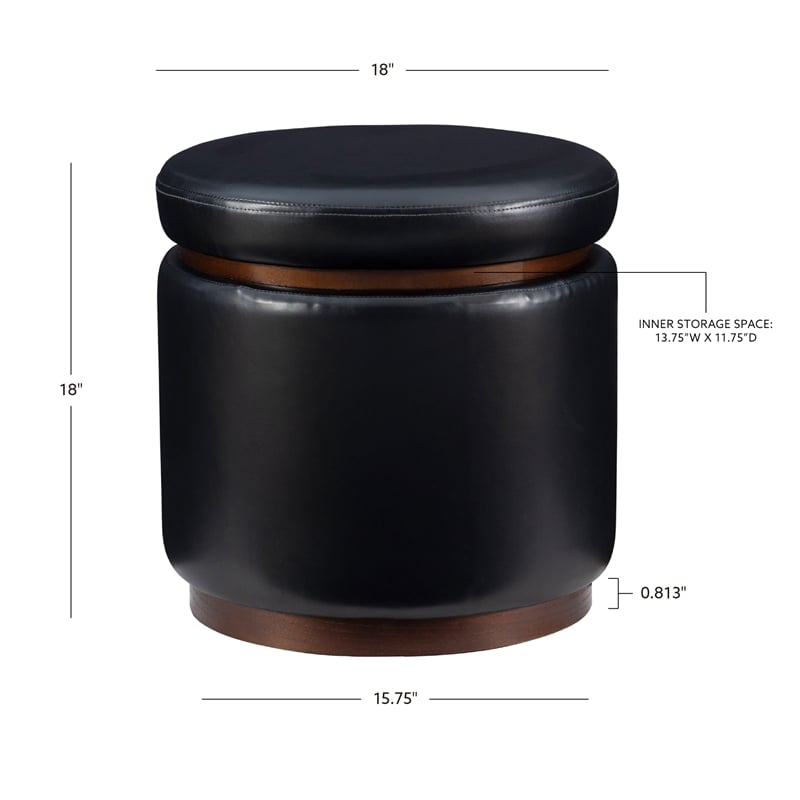Pemberly Row Round Storage Ottoman in Black Faux Leather with Wood Trim