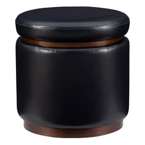 Pemberly Row Round Storage Ottoman in Black Faux Leather with Wood Trim