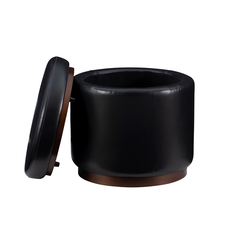 Pemberly Row Round Storage Ottoman in Black Faux Leather with Wood Trim