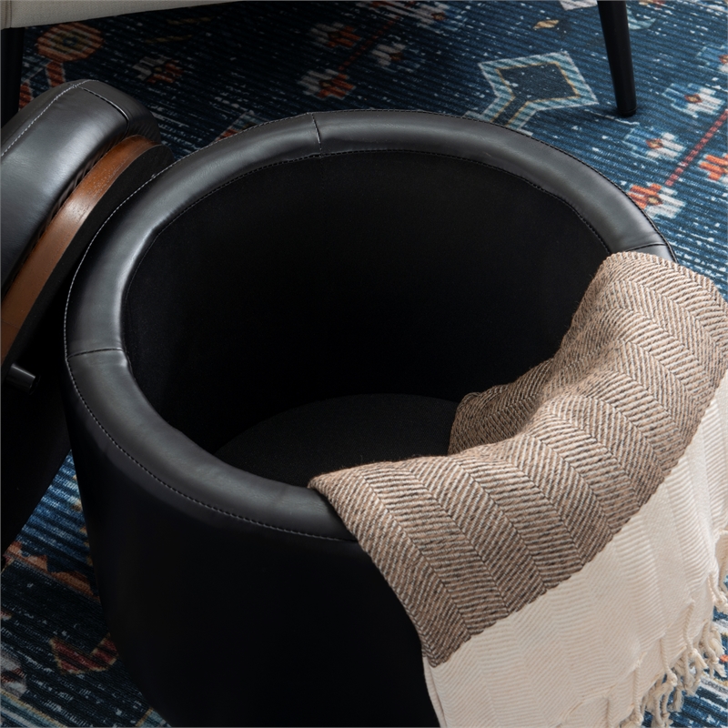 Pemberly Row Round Storage Ottoman in Black Faux Leather with Wood Trim