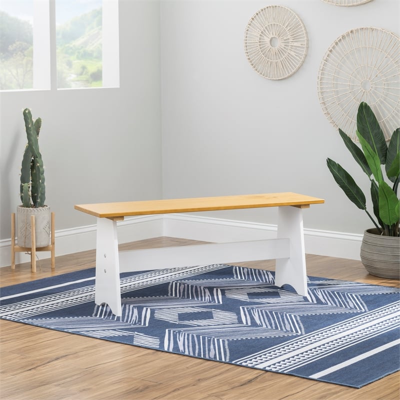 Pemberly Row Two-Tone Backless Pine Bench in White and Natural Finish