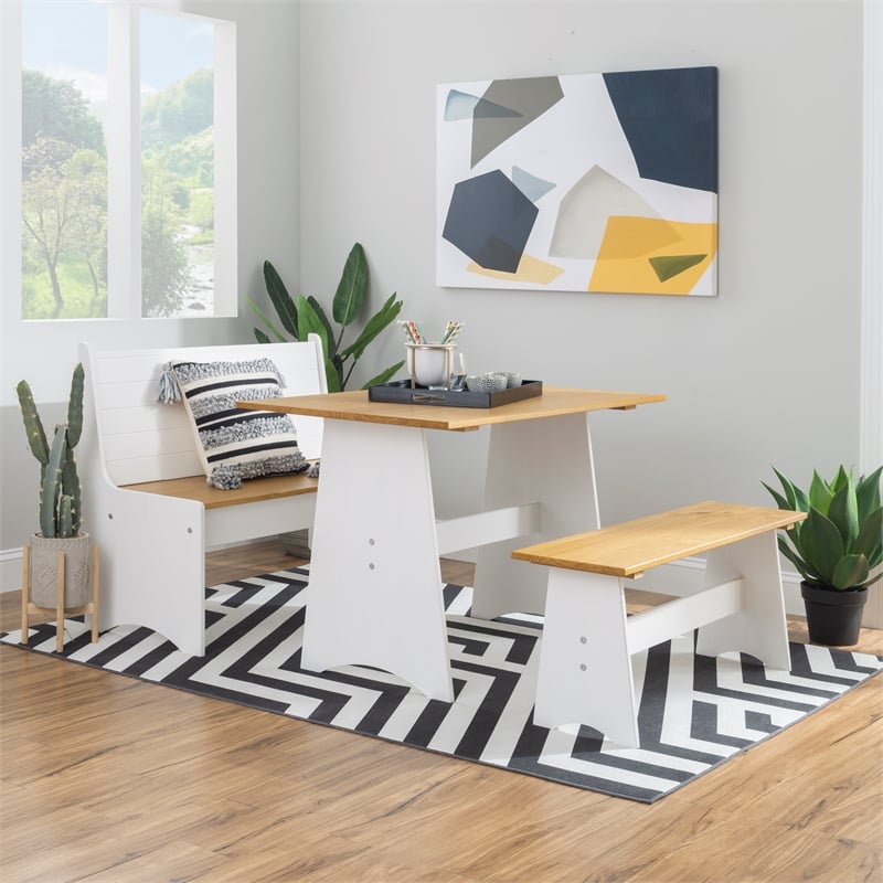 Pemberly Row Two-Tone Backless Pine Bench in White and Natural Finish