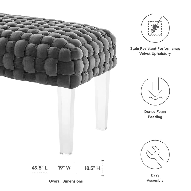 Pemberly Row Velvet Woven Ottoman with Acrylic Legs in Gray