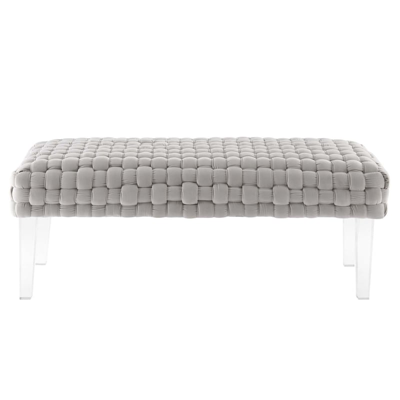 Pemberly Row Velvet Woven Ottoman with Acrylic Legs in Light Gray